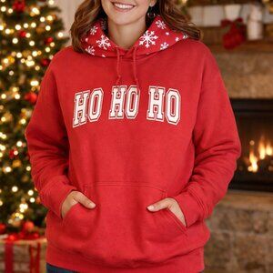Ho Ho Ho Christmas Hooded Sweatshirt With Snowflakes | Red Large Gildan